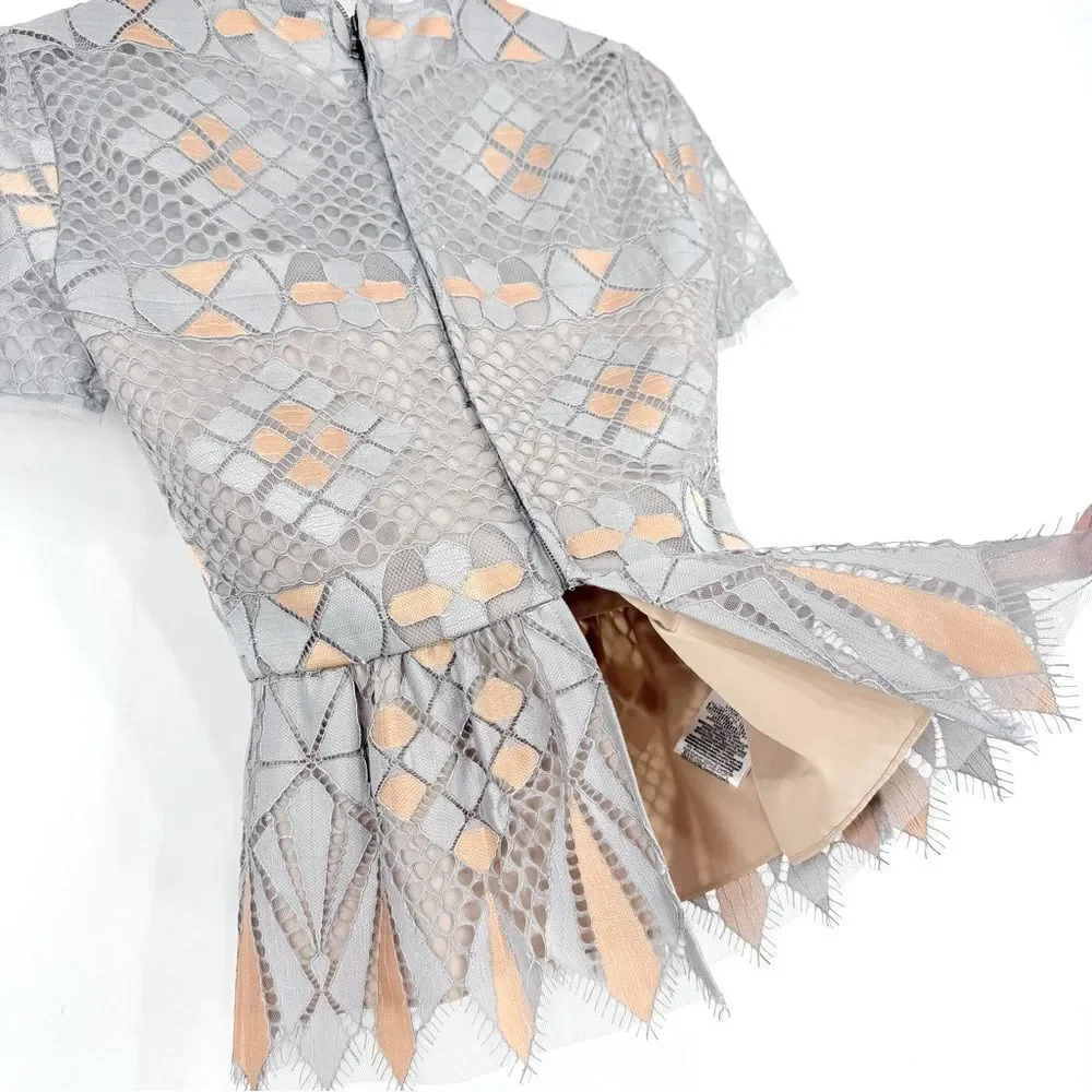 BCBGMAXAZRIA Light Dusk Contemporary Geometric Lace Mesh Overlay Peplum Blouse